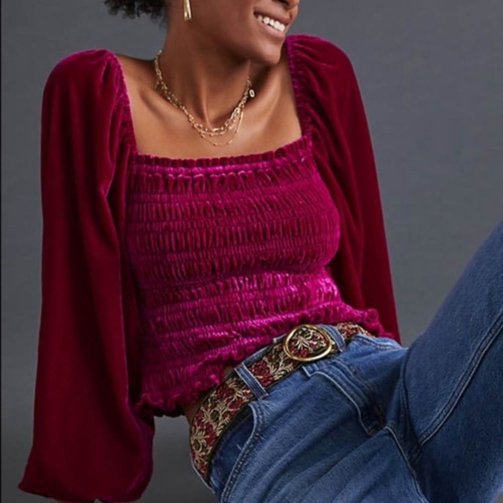 Anthropologie Puff-Sleeved Velvet Blouse Dark Raspberry Size Small